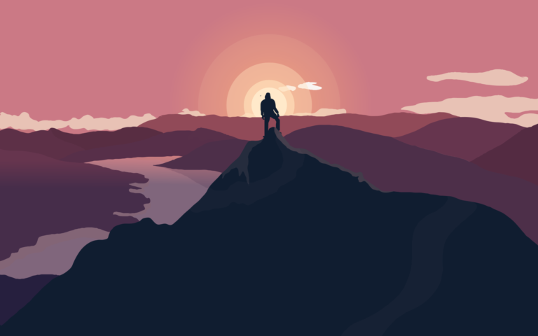 A man standing on top of a mountain, watching proudly down the skyline and the sunset.